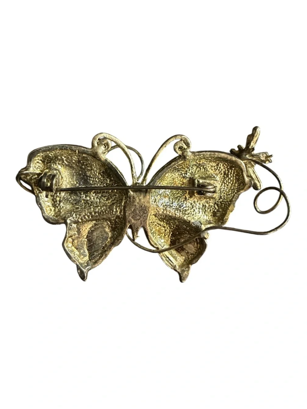 Pink & Green Enameled Butterfly Brooch With Bee